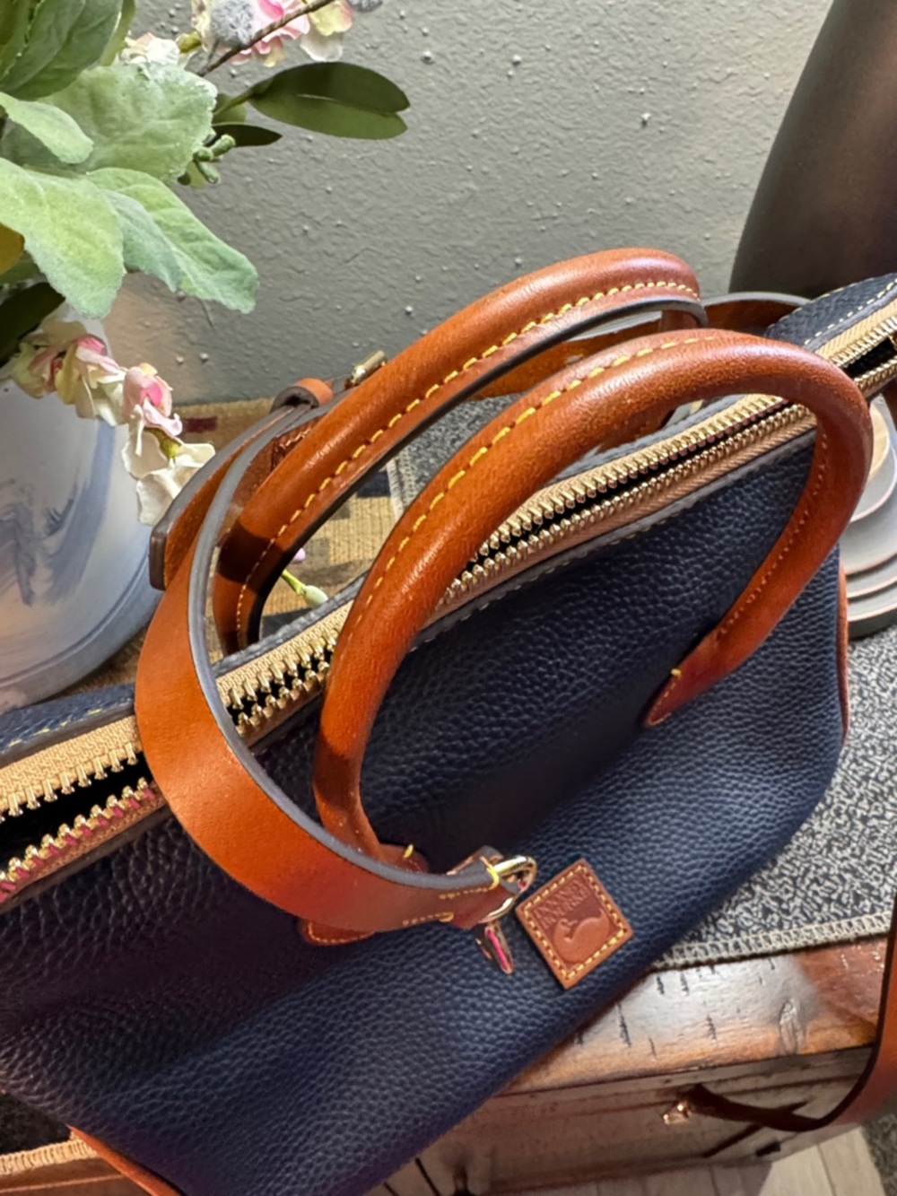 Dooney & Bourke Navy Pebbled Leather Crossbody Satchel with Brown Trim - Picture 3 of 10